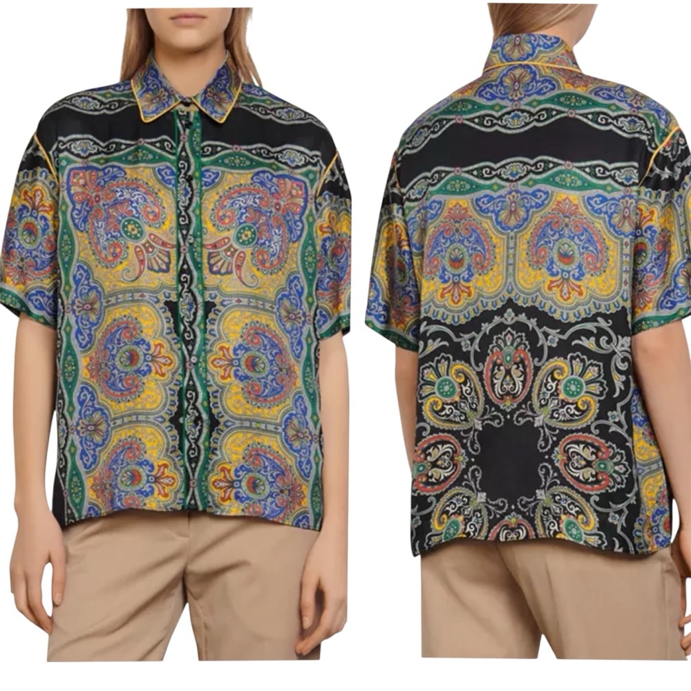 Sandro Ramy Paisley Print Satin Shirt Short Sleeve Silk-Feel Multi Size 3 - Picture 5 of 15